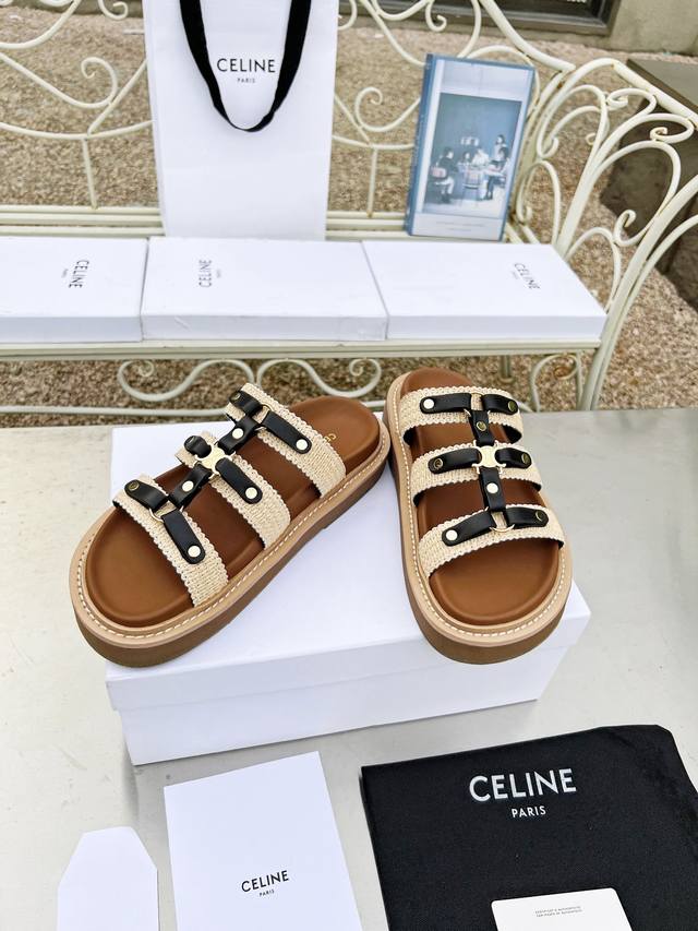 原版复刻celine24新色赛琳思琳tippi新款草编织厚底防水台平底拖鞋35-41出厂价