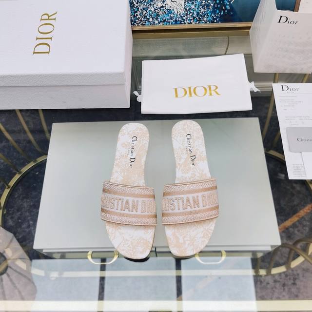 Dior 2023年春夏款复古刺绣拖鞋 平底 粗跟 今年就数它是最耀眼的单品，全粒面牛皮垫脚+ 意大利真皮大底，立体刺绣logo，高密度刺绣工艺，针法细腻，公主