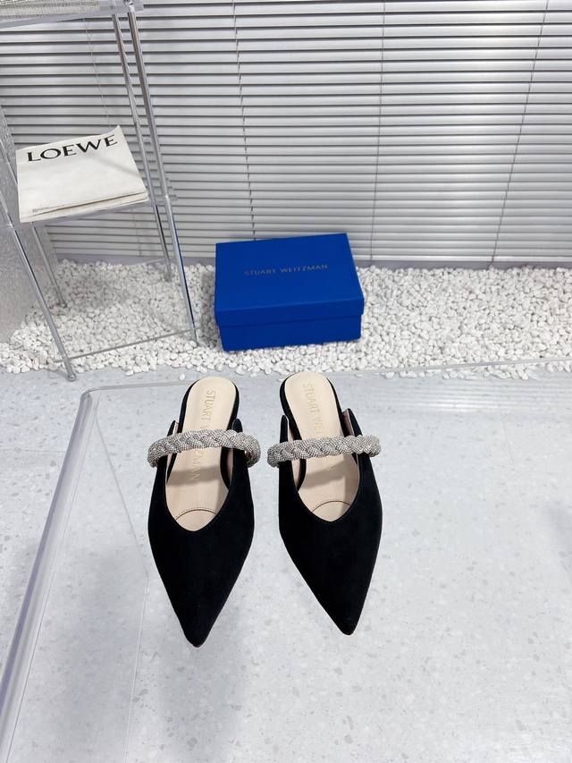 高版本 Stuart Weitzman 新款sw平底尖头链条穆勒鞋半拖鞋 鞋面小羊皮 羊京 内里垫脚羊皮 进口真皮大底 全套包装，35-39码 34 40定做