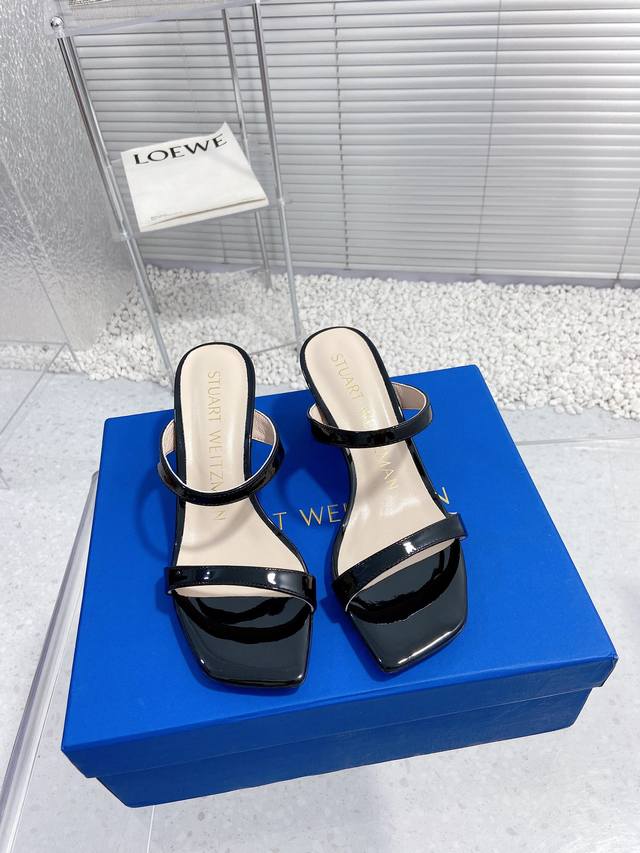 高版本 Stuart Weitzman 新款sw粗跟方头拖鞋 鞋面牛皮 羊京 漆皮 内里垫脚羊皮 进口真皮大底 跟高6Cm 全套包装，35-40码 40定做