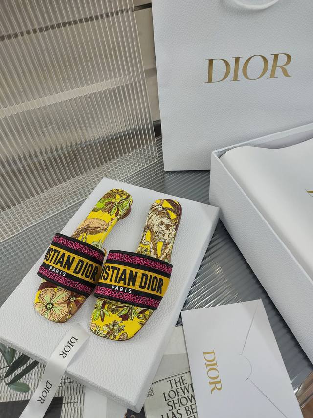 Dior 2024早春拖鞋新系列 迪奥又又又出新系列了 小圆跟设计赋予了拖鞋高雅气息，高度刚刚好，走路十分舒适。经典字母logo版面，简单又大方，可与各式造型轻