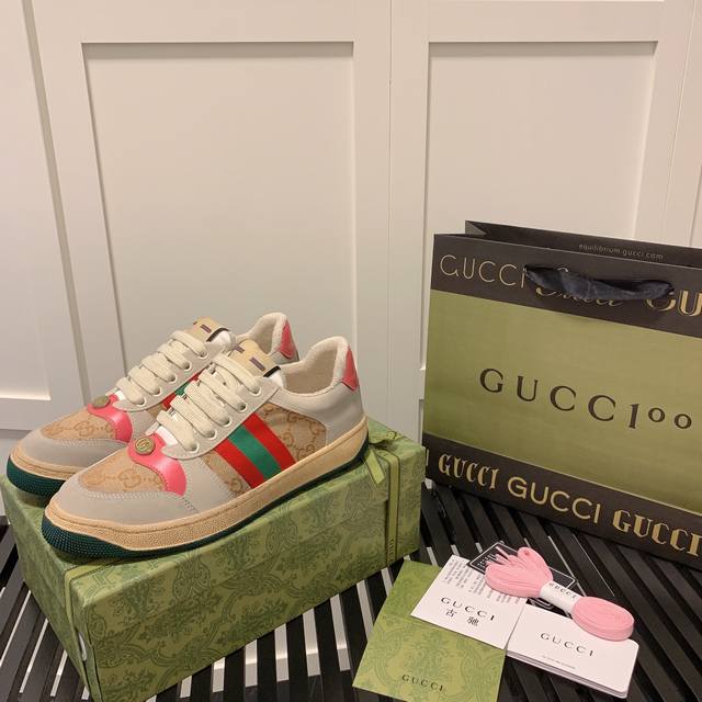 橙子出厂价 跑量主推款 Gucci Distressed Screener Sneaker 古驰小脏鞋系列 经典原型复古百搭做旧板鞋 复古学院风 怀旧版 原装意