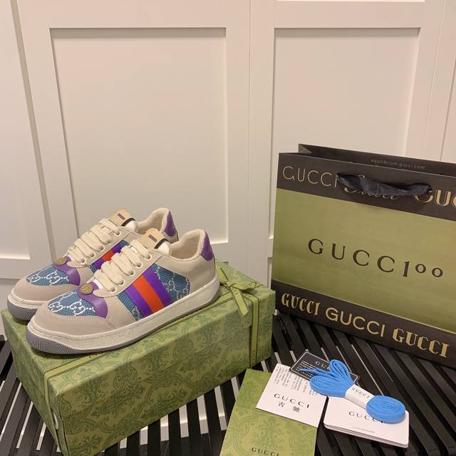 橙子出厂价 跑量主推款 Gucci Distressed Screener Sneaker 古驰小脏鞋系列 经典原型复古百搭做旧板鞋 复古学院风 怀旧版 情侣款