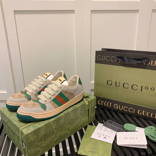 橙子出厂价 跑量主推款 Gucci Distressed Screener Sneaker 古驰小脏鞋系列 经典原型复古百搭做旧板鞋 复古学院风 怀旧版 情侣款