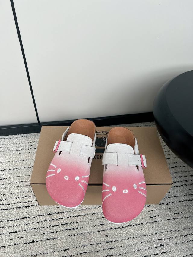 Birkenstock X Hello Kitty 联名博肯 真软木潮流时尚休闲拖鞋 人体工程学设计符合脚形的脚床，软木材质穿着超级轻便舒适，楦形线条优美，做工