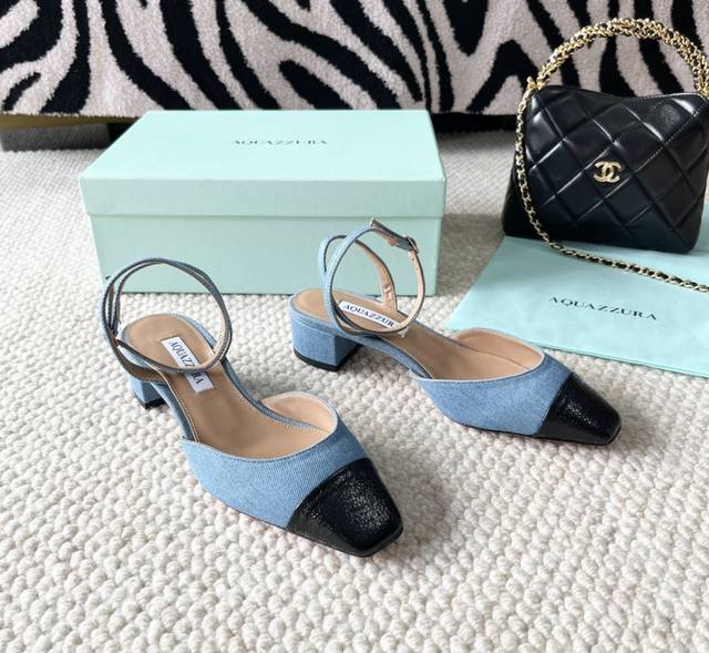 Aquazzura 24年新款 拼色方头粗跟凉鞋 牛皮面，羊皮里，真皮底 正码:35-39订做34.40.41.42